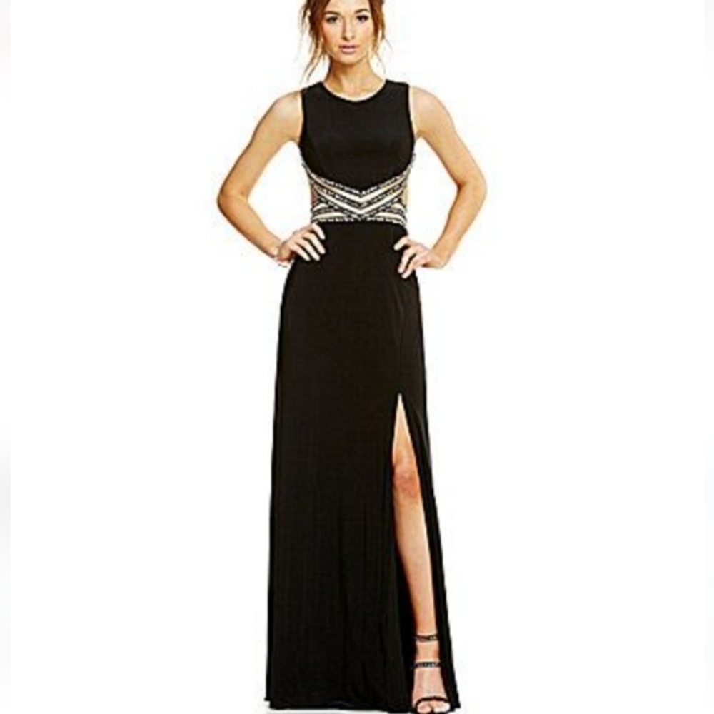 Blondie Nites maxi dress black Illusion Beaded Waist Open Back Gown Size 11